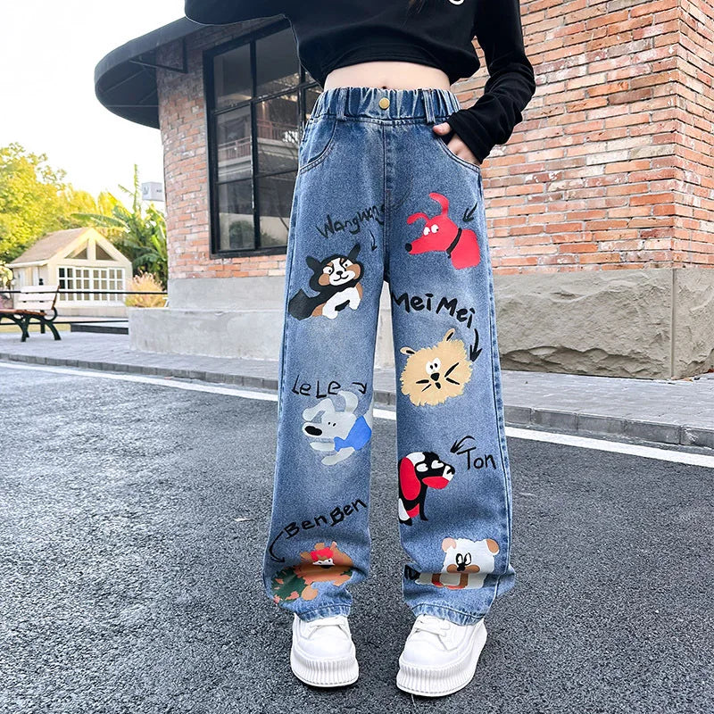 Jeans for Girls 2024 New Fashion Cartoon Printed Long Denim Trousers Teens Kids Cute Dog Pattern Wide Leg Pants 5 7 9 11 13 14Y