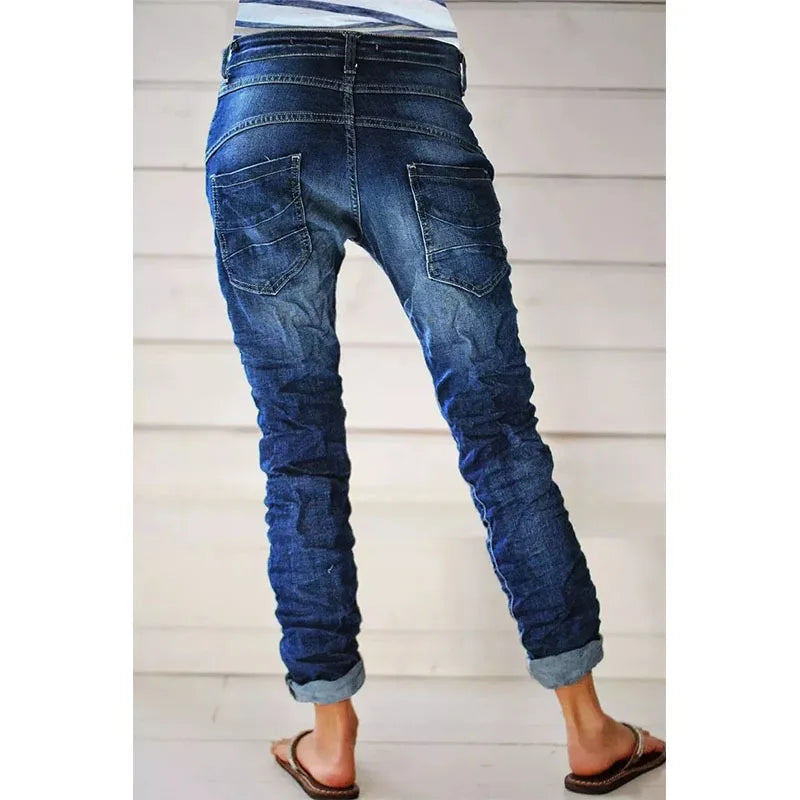 Jeans for Women Drawstring Elastic-waisted Jeans Casual Button Baggy Jeans Women Trousers Straight Women Wide-leg Pants Slouchy