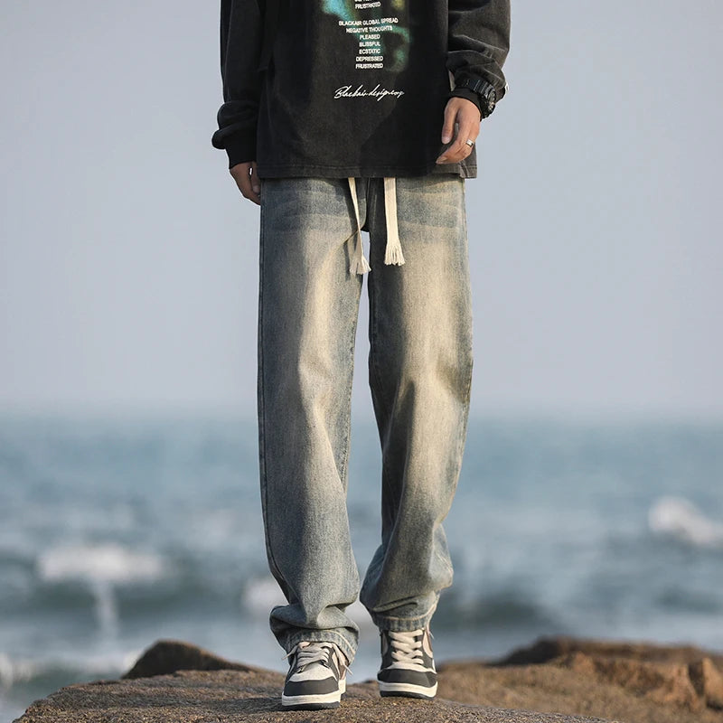 2025 Spring New Fashionable Jeans Design Sense Men's Gradient Color Washed Outdated Straight Tube Men's Cowboy Pants Wide Legs C