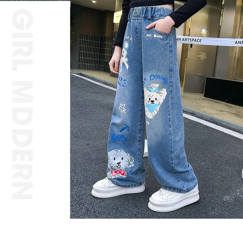 Jeans for Girls 2024 New Fashion Cartoon Printed Long Denim Trousers Teens Kids Cute Dog Pattern Wide Leg Pants 5 7 9 11 13 14Y