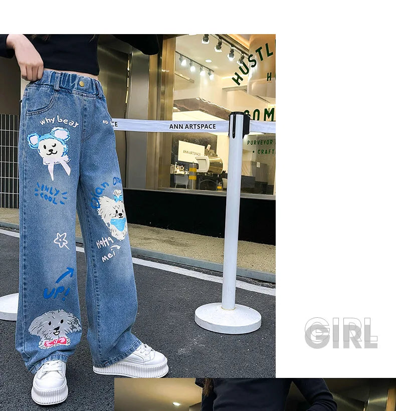 Jeans for Girls 2024 New Fashion Cartoon Printed Long Denim Trousers Teens Kids Cute Dog Pattern Wide Leg Pants 5 7 9 11 13 14Y