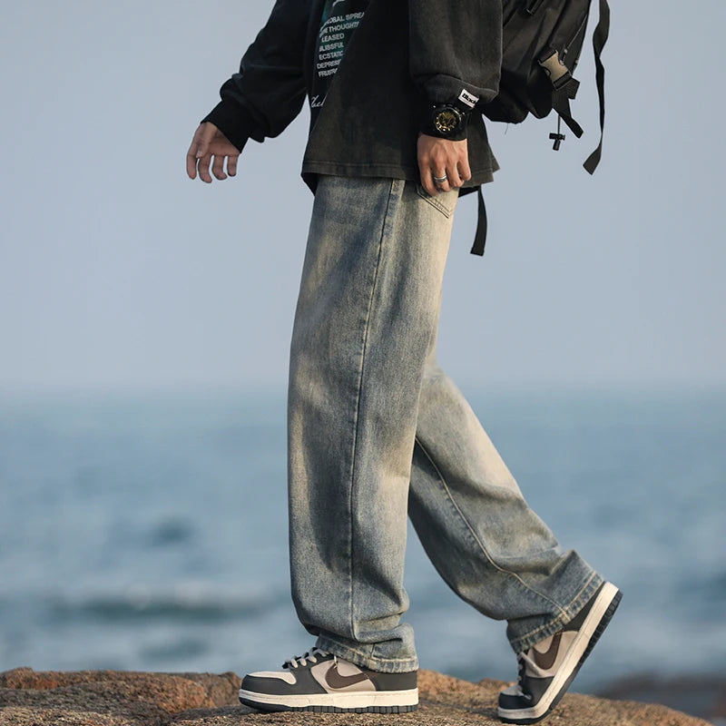 2025 Spring New Fashionable Jeans Design Sense Men's Gradient Color Washed Outdated Straight Tube Men's Cowboy Pants Wide Legs C