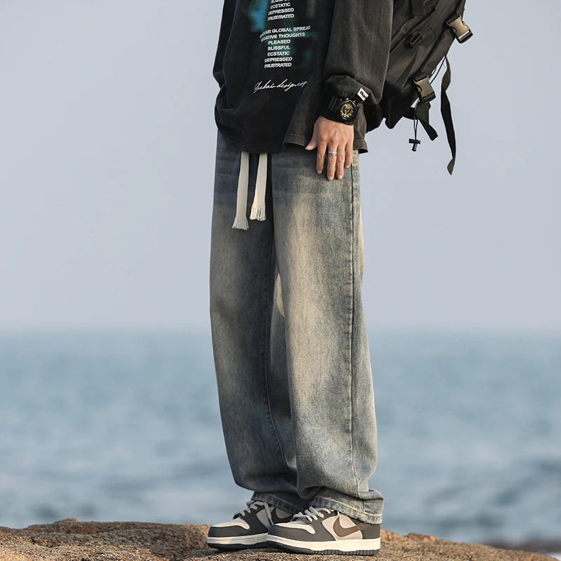 2025 Spring New Fashionable Jeans Design Sense Men's Gradient Color Washed Outdated Straight Tube Men's Cowboy Pants Wide Legs C