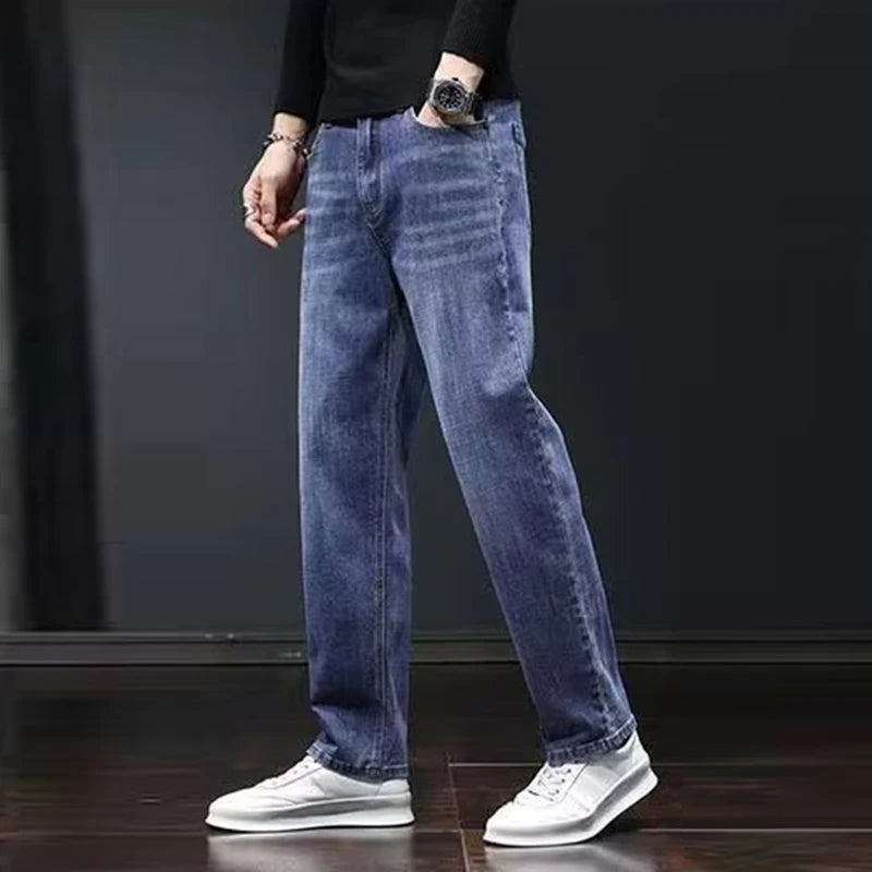 2025 New Men Fashion Loose Straight Elasticity Jeans Male Wear-resistant Slim Fit Denim Pants Smart Casual Dark Gray Trousers