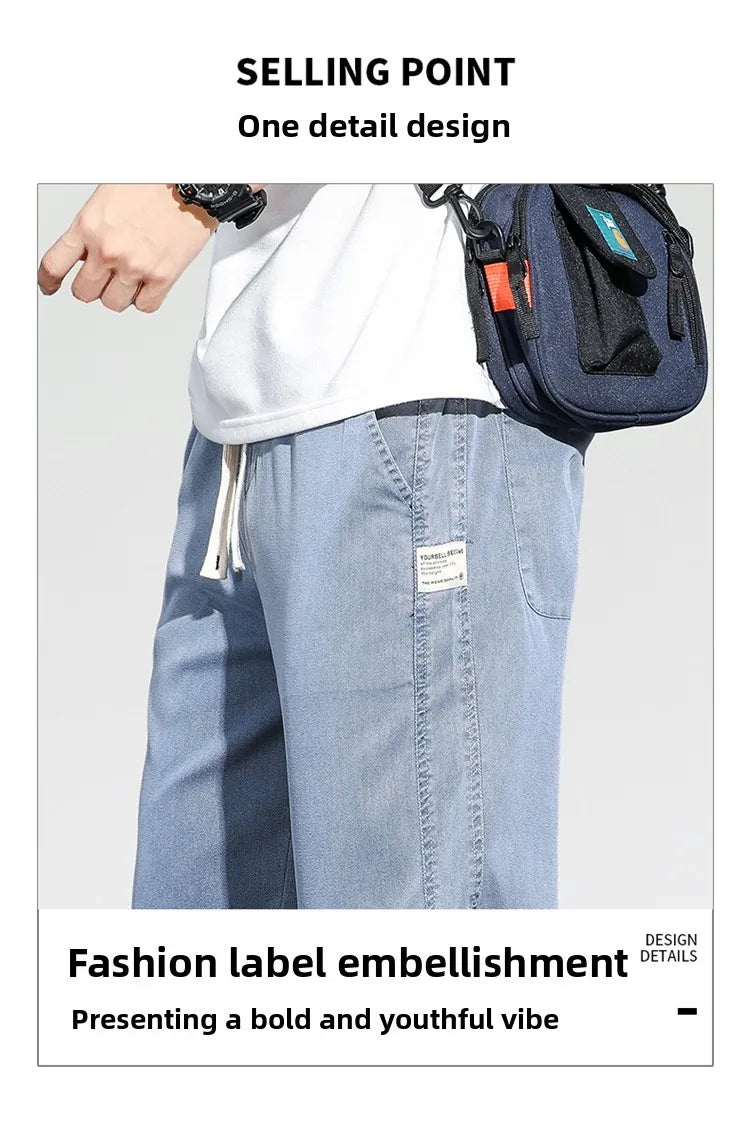 Jeans men's casual jeans spring/summer slim fit loose straight leg workwear sports drawstring cropped pants streetwear men pants