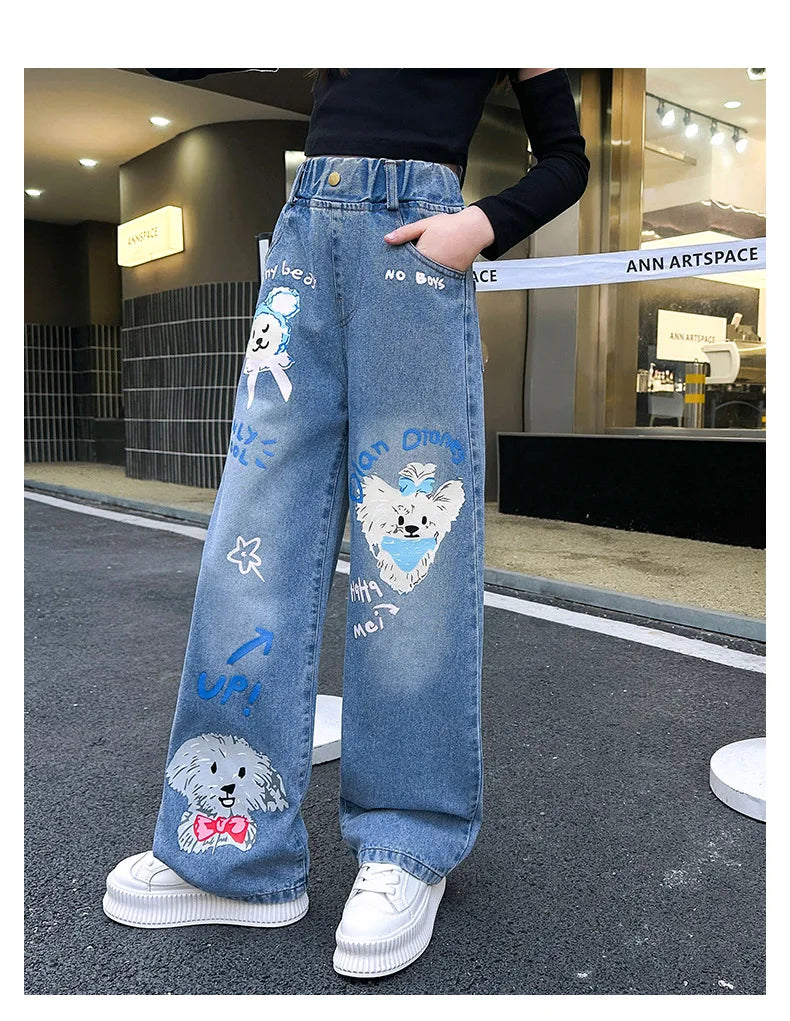 Jeans for Girls 2024 New Fashion Cartoon Printed Long Denim Trousers Teens Kids Cute Dog Pattern Wide Leg Pants 5 7 9 11 13 14Y