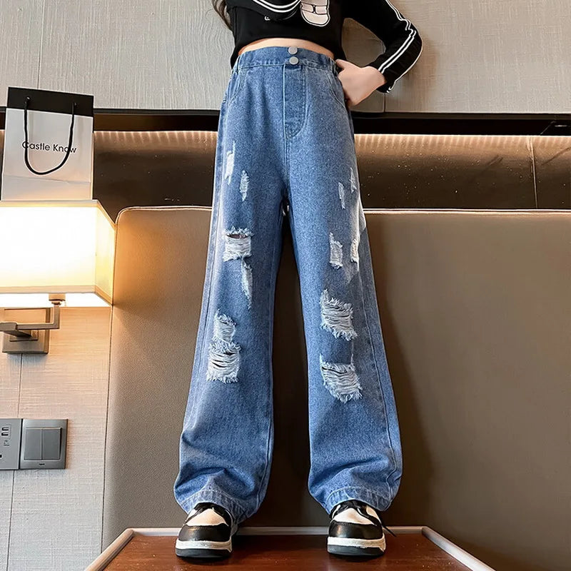 Jeans for Girls 2024 New Fashion Cartoon Printed Long Denim Trousers Teens Kids Cute Dog Pattern Wide Leg Pants 5 7 9 11 13 14Y