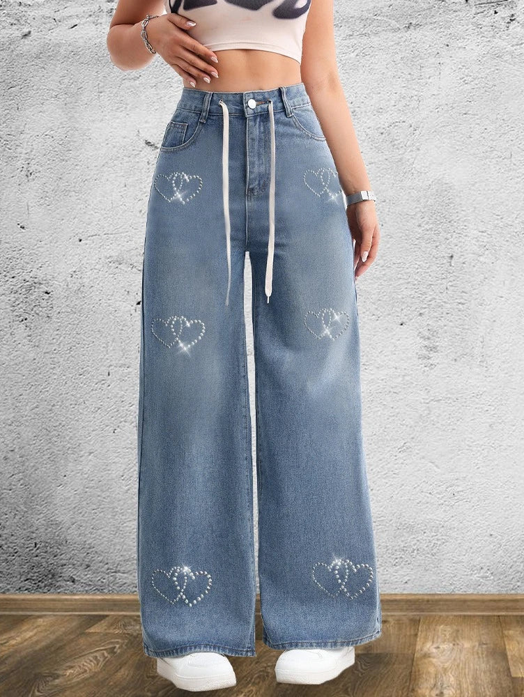 Jeans Women Wide Leg Pants Embroidered Flares High Waist Lace Up Washed Distressed Straight Trousers Streetwear Vintage Denims