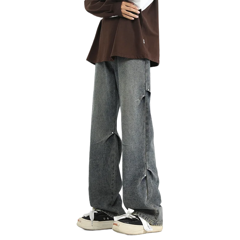 2025 Spring New Fashionable Jeans with Folded Aging and Wrinkle Design, Men's Gradient Color Washed Straight Tube Denim Pants,