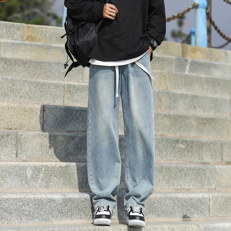 2025 Spring New Fashionable Jeans Design Sense Men's Gradient Color Washed Outdated Straight Tube Men's Cowboy Pants Wide Legs C