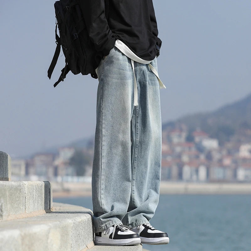 2025 Spring New Fashionable Jeans Design Sense Men's Gradient Color Washed Outdated Straight Tube Men's Cowboy Pants Wide Legs C