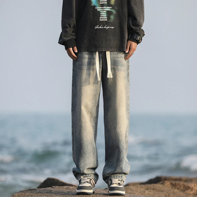2025 Spring New Fashionable Jeans Design Sense Men's Gradient Color Washed Outdated Straight Tube Men's Cowboy Pants Wide Legs C