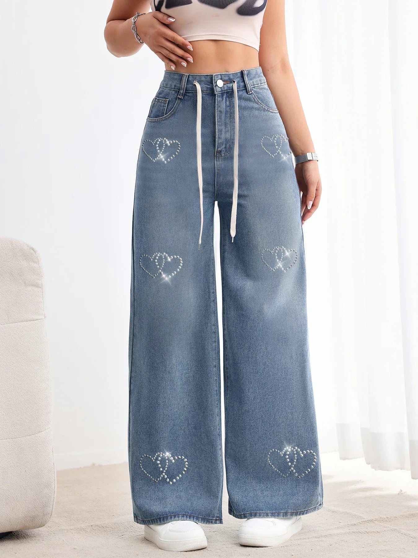 Jeans Women Wide Leg Pants Embroidered Flares High Waist Lace Up Washed Distressed Straight Trousers Streetwear Vintage Denims