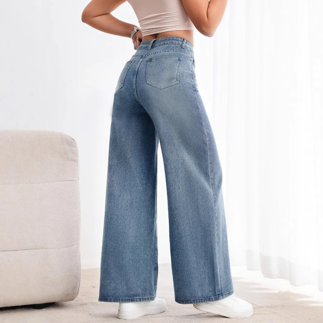 Jeans Women Wide Leg Pants Embroidered Flares High Waist Lace Up Washed Distressed Straight Trousers Streetwear Vintage Denims