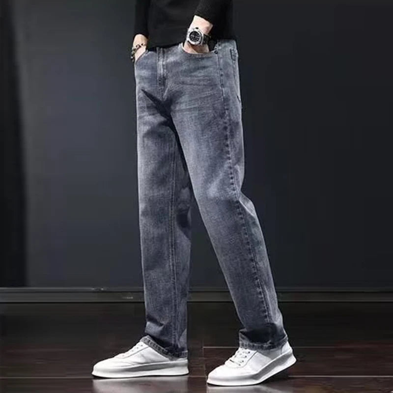 2025 New Men Fashion Loose Straight Elasticity Jeans Male Wear-resistant Slim Fit Denim Pants Smart Casual Dark Gray Trousers