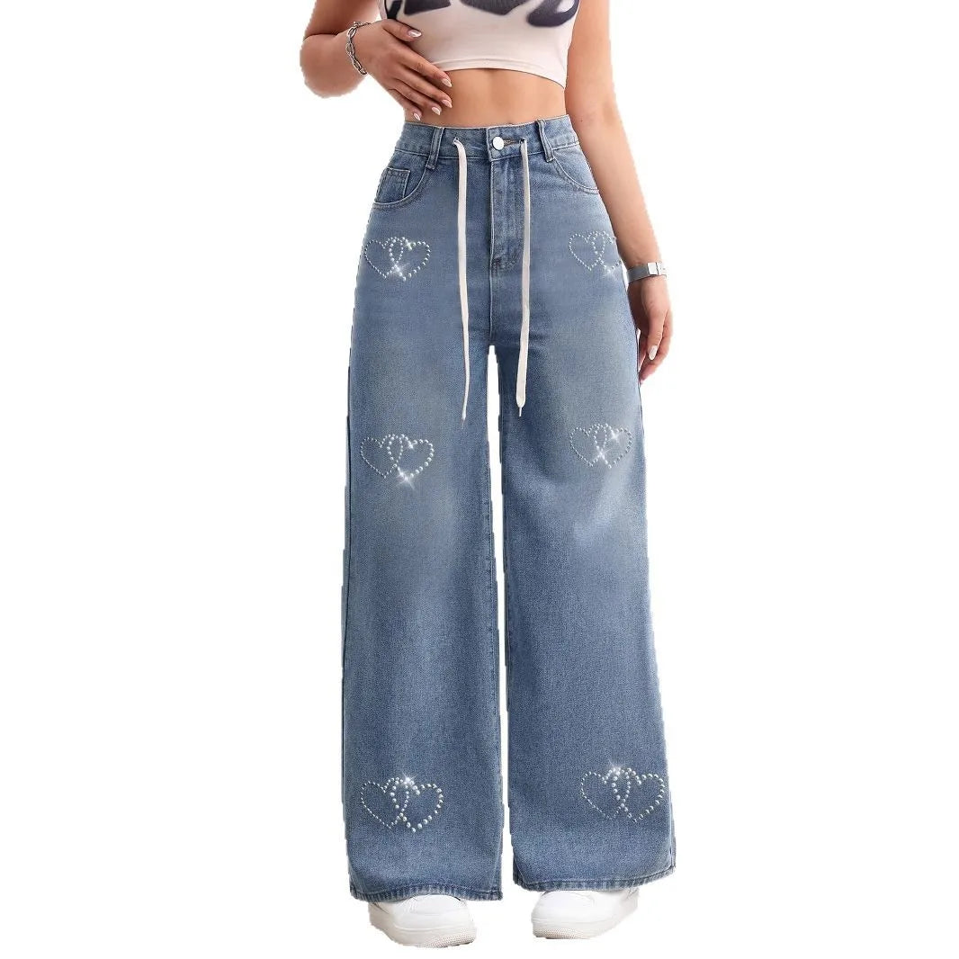 Jeans Women Wide Leg Pants Embroidered Flares High Waist Lace Up Washed Distressed Straight Trousers Streetwear Vintage Denims