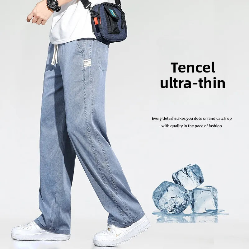 Jeans men's casual jeans spring/summer slim fit loose straight leg workwear sports drawstring cropped pants streetwear men pants