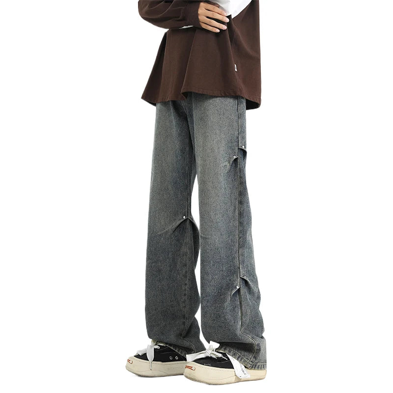 2025 Spring New Fashionable Jeans with Folded Aging and Wrinkle Design, Men's Gradient Color Washed Straight Tube Denim Pants,