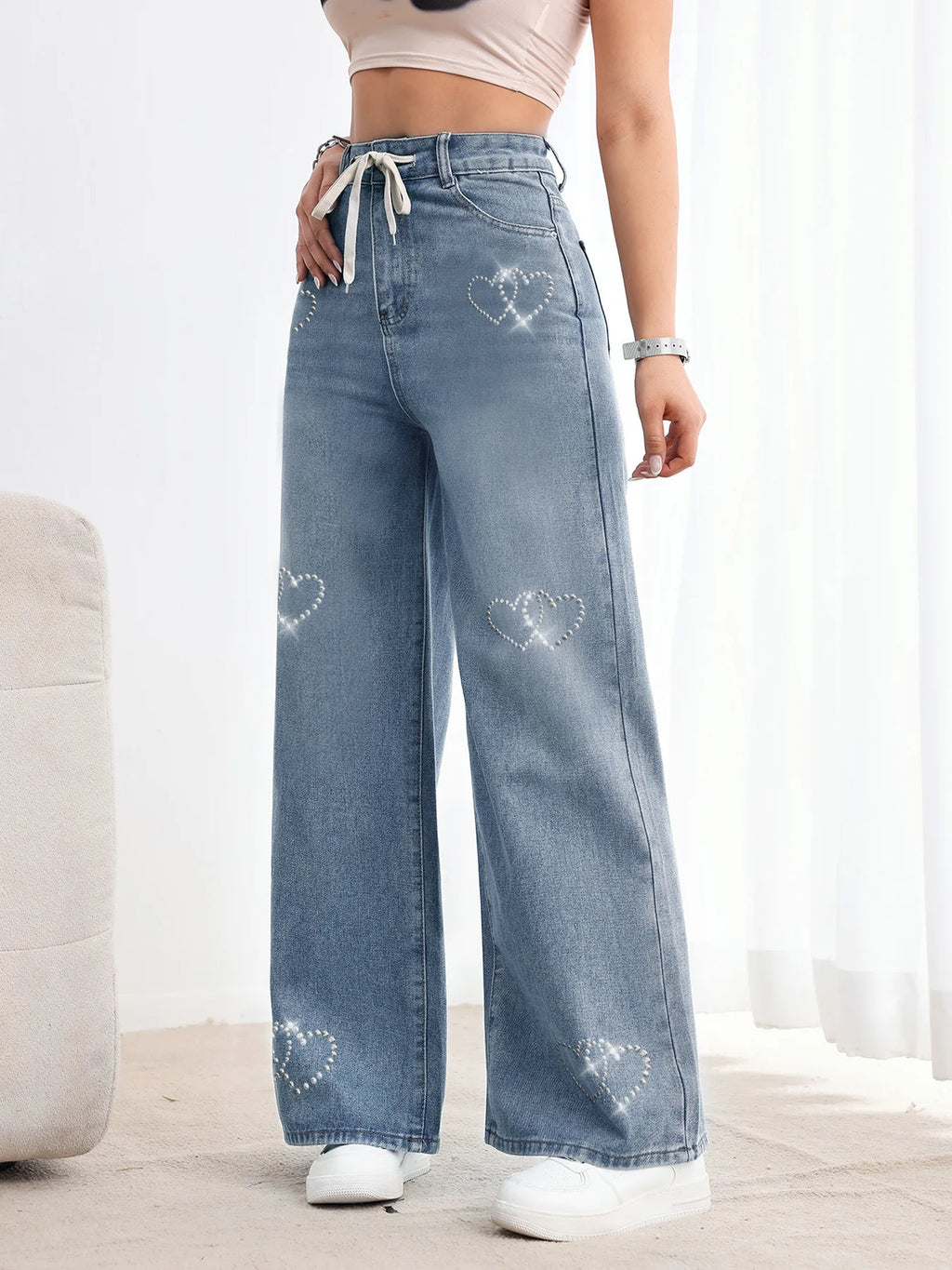 Jeans Women Wide Leg Pants Embroidered Flares High Waist Lace Up Washed Distressed Straight Trousers Streetwear Vintage Denims