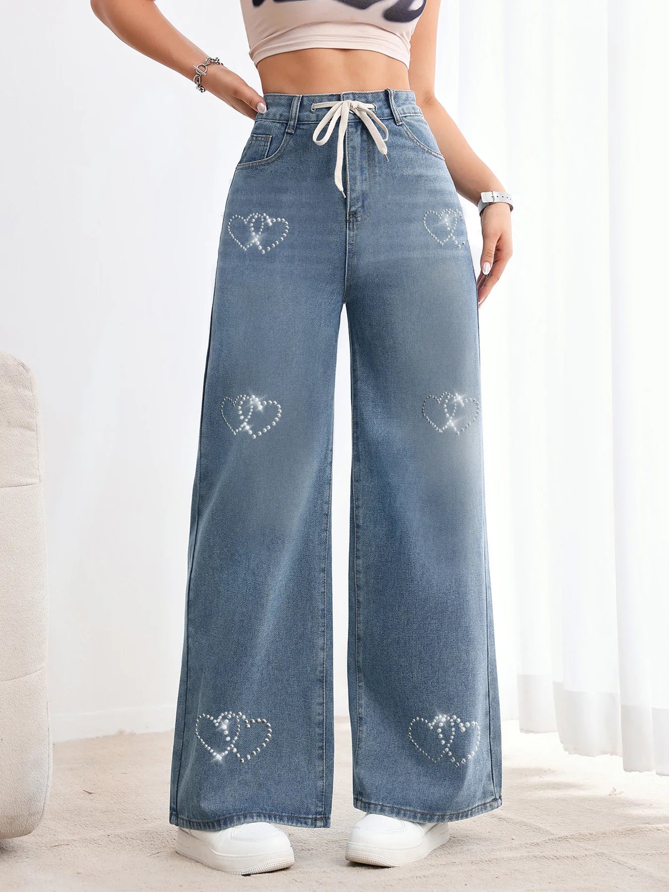 Jeans Women Wide Leg Pants Embroidered Flares High Waist Lace Up Washed Distressed Straight Trousers Streetwear Vintage Denims