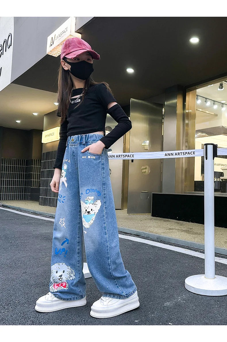 Jeans for Girls 2024 New Fashion Cartoon Printed Long Denim Trousers Teens Kids Cute Dog Pattern Wide Leg Pants 5 7 9 11 13 14Y