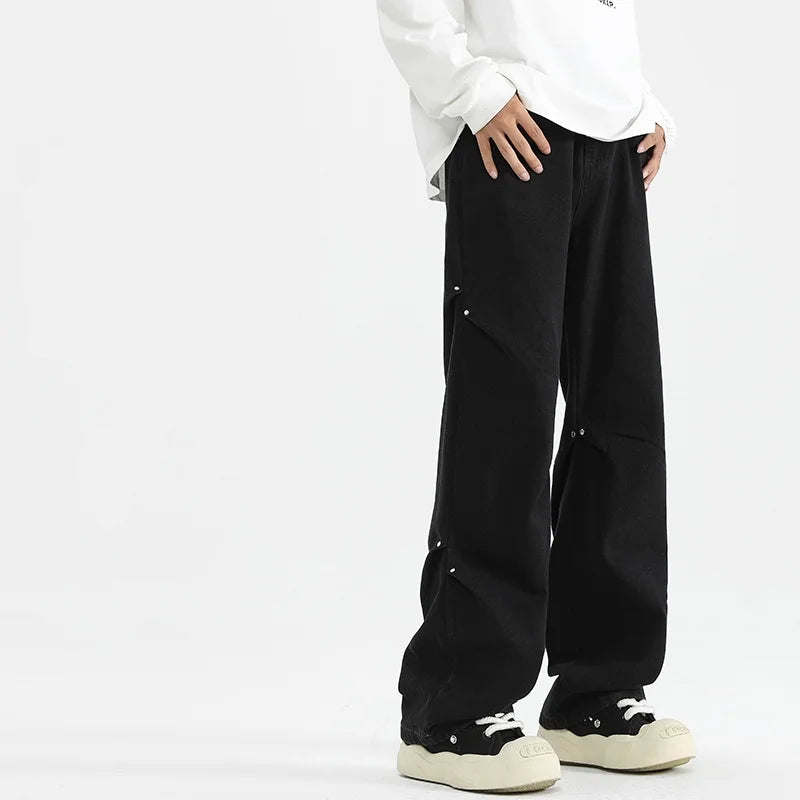 2025 Spring New Fashionable Jeans with Folded Aging and Wrinkle Design, Men's Gradient Color Washed Straight Tube Denim Pants,