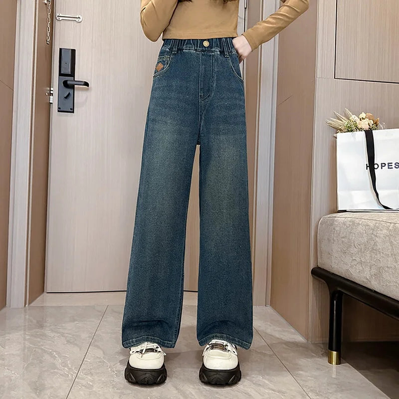 Jeans for Girls 2024 New Fashion Cartoon Printed Long Denim Trousers Teens Kids Cute Dog Pattern Wide Leg Pants 5 7 9 11 13 14Y