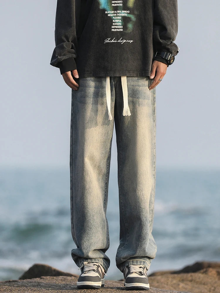 2025 Spring New Fashionable Jeans Design Sense Men's Gradient Color Washed Outdated Straight Tube Men's Cowboy Pants Wide Legs C