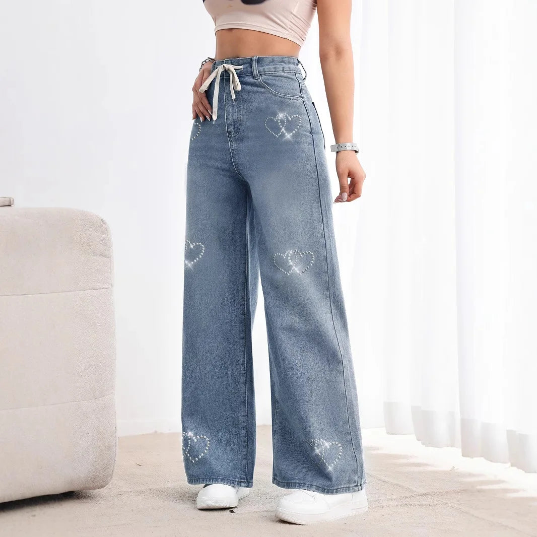 Jeans Women Wide Leg Pants Embroidered Flares High Waist Lace Up Washed Distressed Straight Trousers Streetwear Vintage Denims